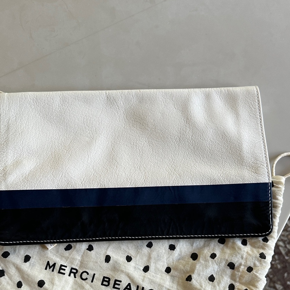 Clare V White Fold-Over Leather Clutch with Navy & Black Trim